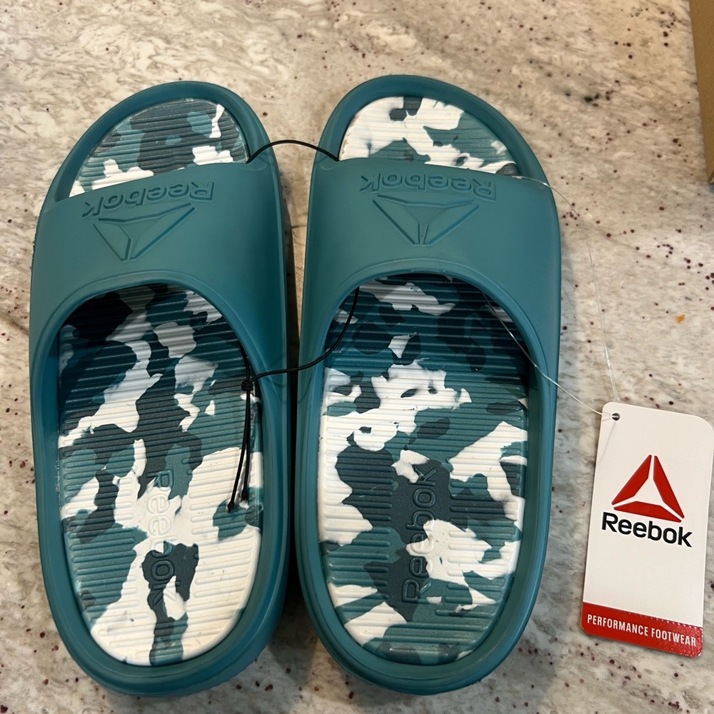 Reebok Teal and White Slide Sandals